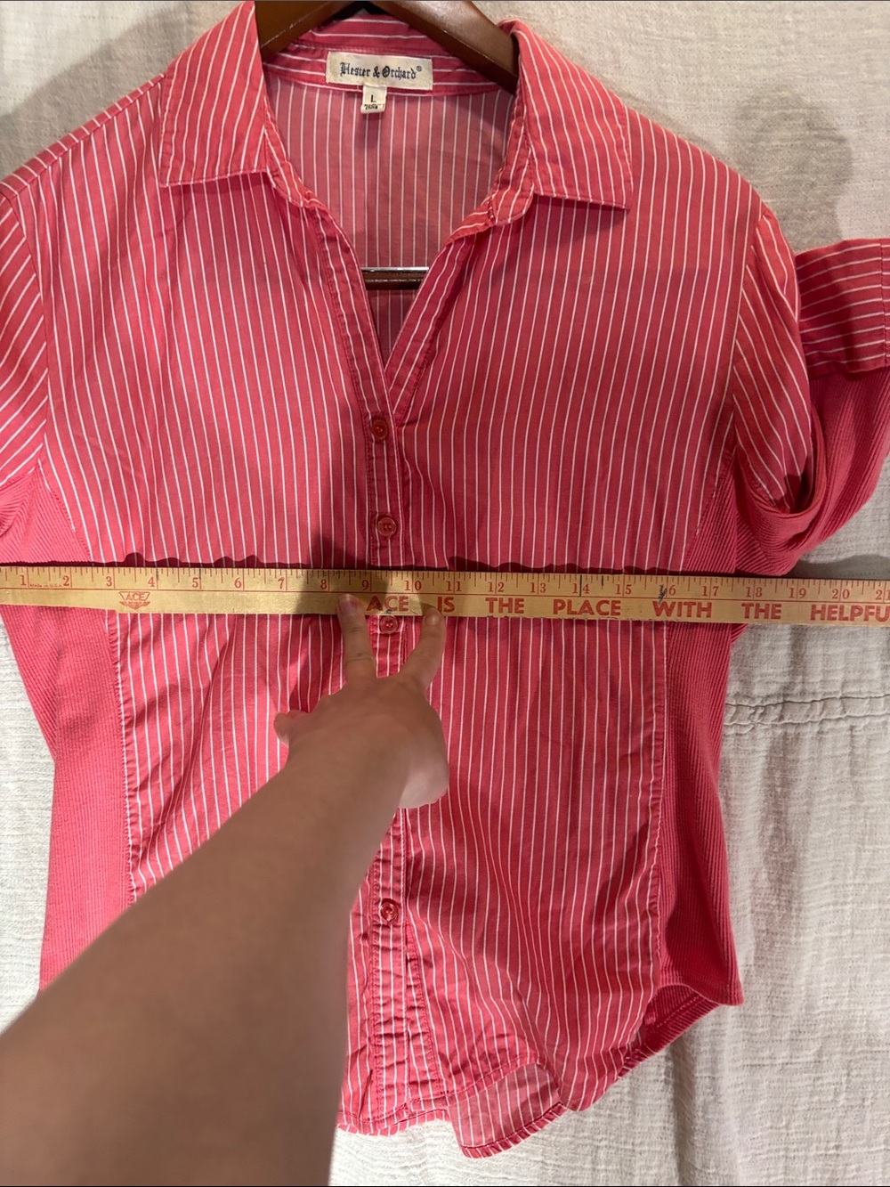 Hester & Orchard Coral Striped Button Down Size L 100% Cotton Stretch Sides EUC - Picture 7 of 9